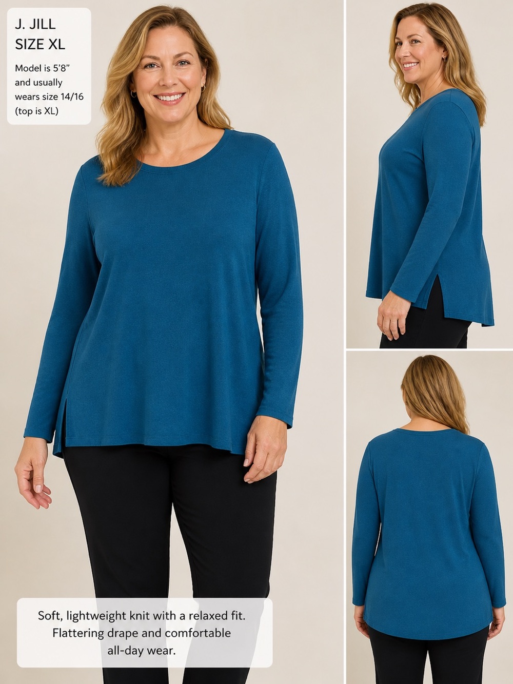 J Jill Sweater Top Womens Sz XL Petite Blue Long Sleeve Round Neck Knit Cotton